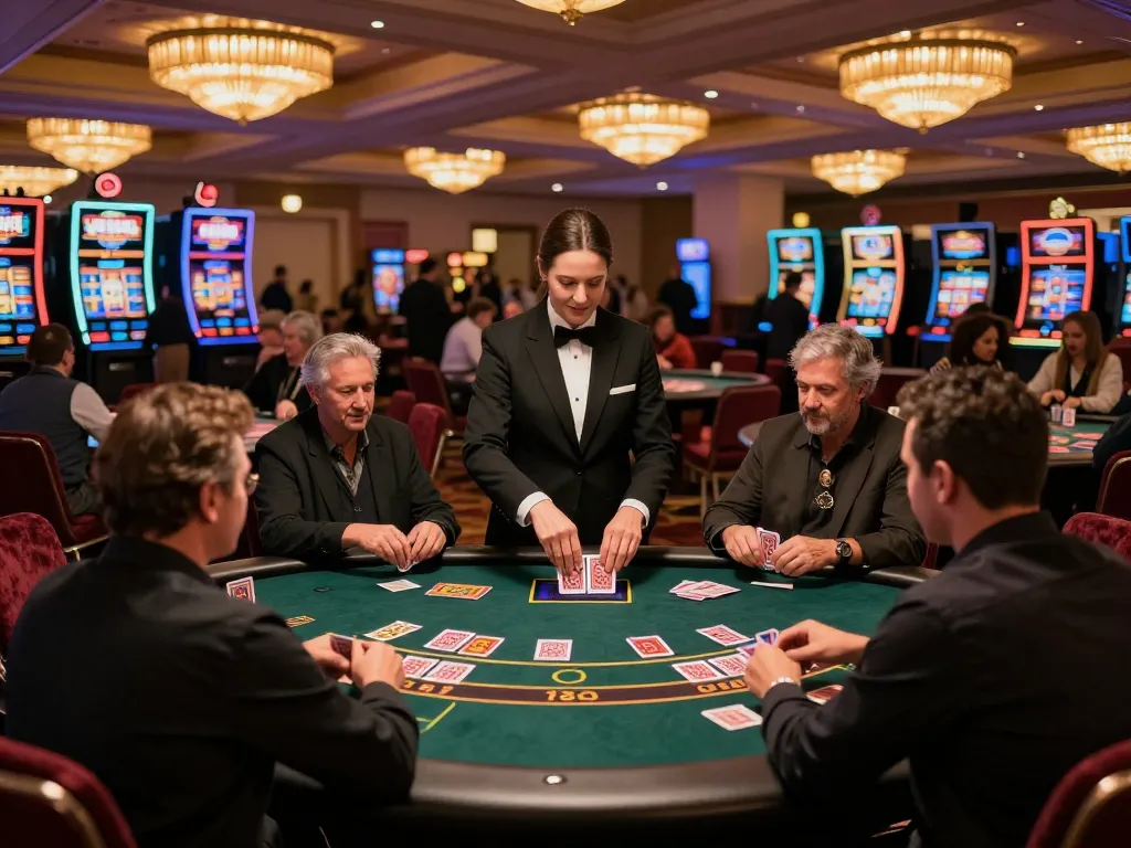 Players enjoying blackjack at TG88 casino, with dealers managing intense card action and vibrant layout.