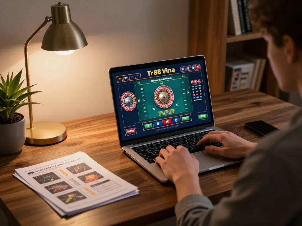 Tr88 Vina user engaging with an online roulette game on a laptop in a stylish home office.