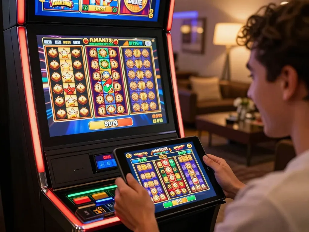 Merayakan kemenangan di aplikasi kasino AMAN788 saat bermain slot online dengan grafik yang menawan.