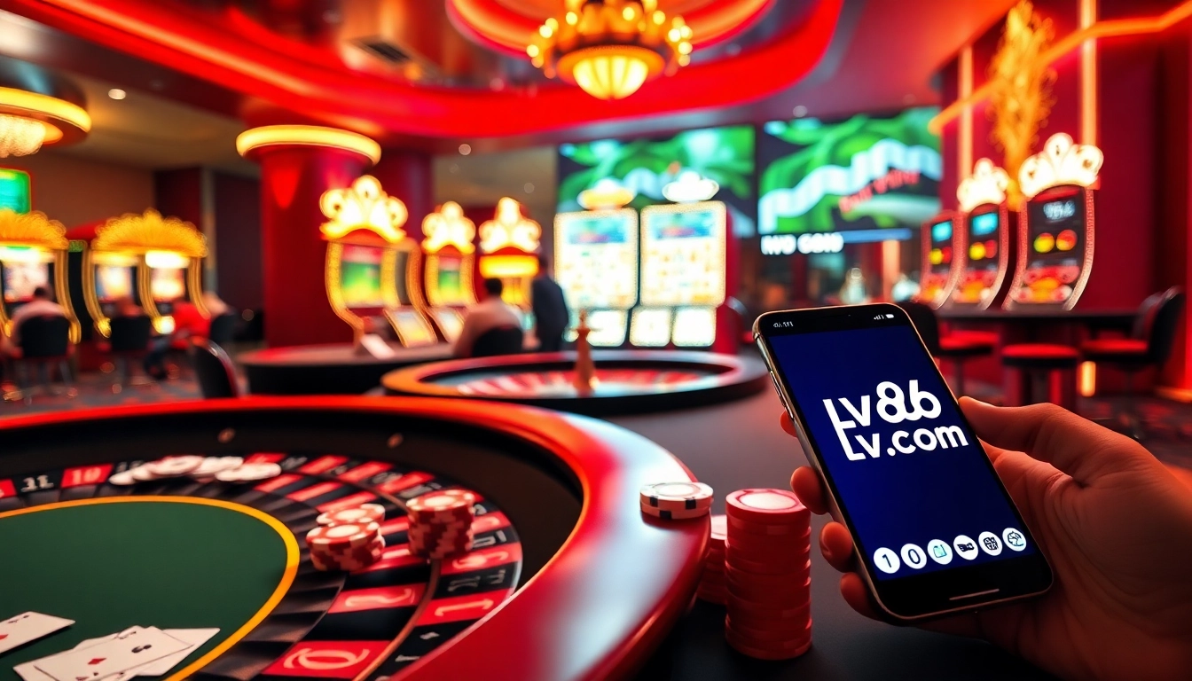 Experience the thrills of gambling at lv88.com with a luxurious casino scene, featuring poker, roulette, and slot machines.