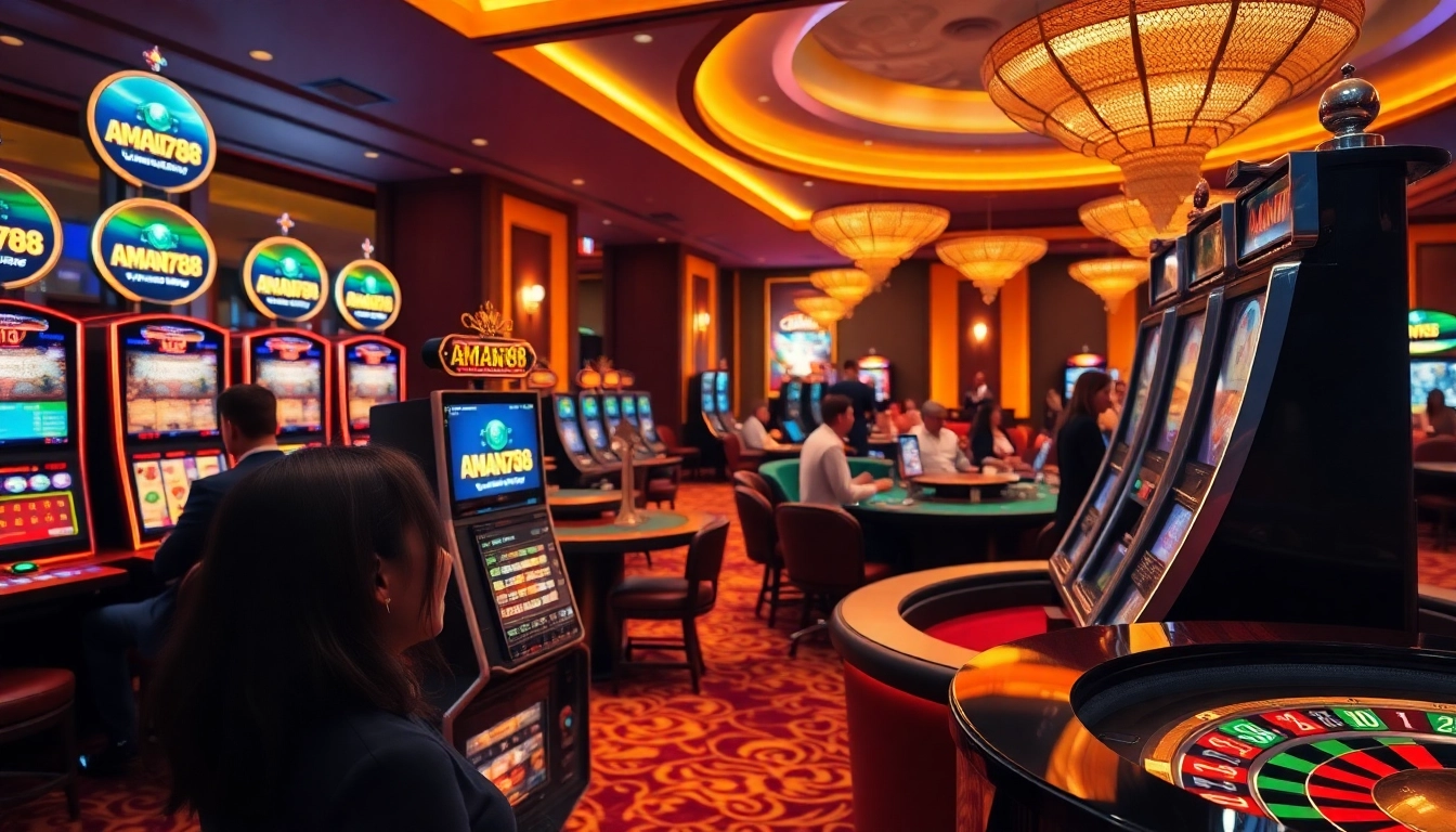 Memainkan slot di kasino aman788, dikelilingi oleh elemen permainan yang semarak dan penuh semangat.