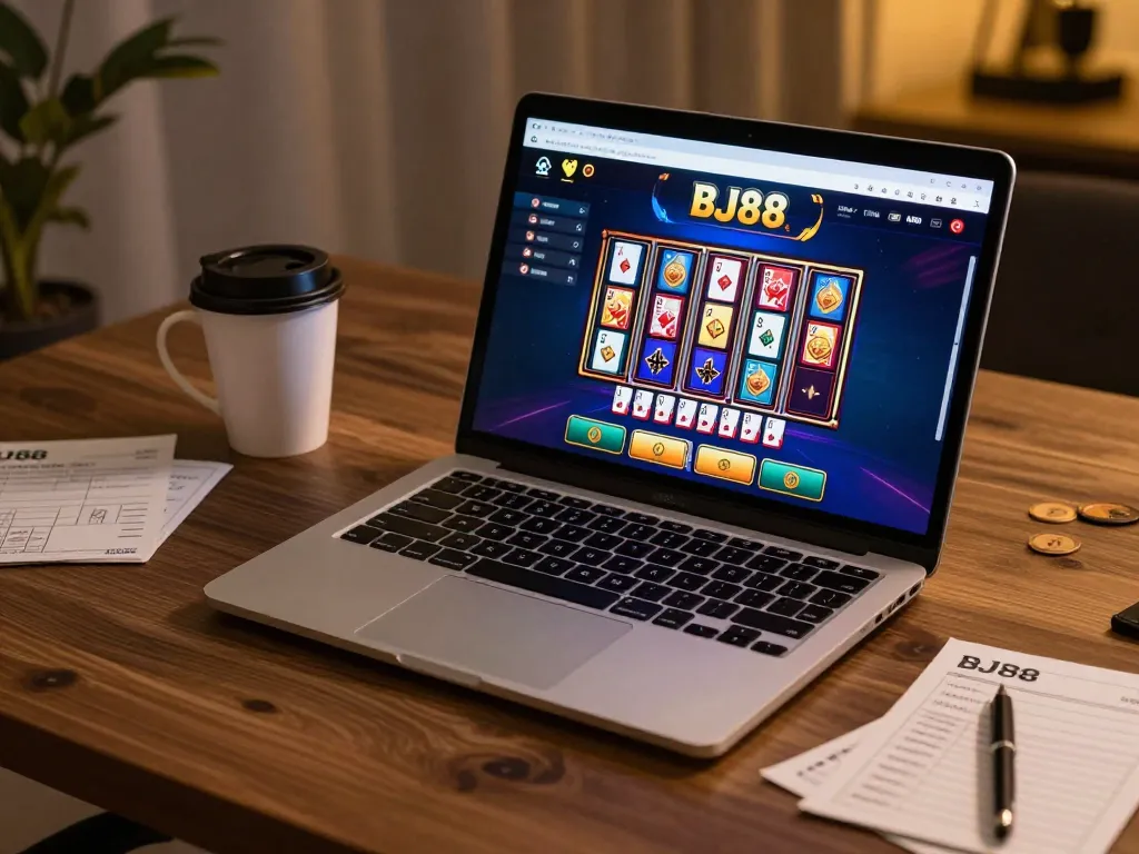 Engaged player using BJ88 online casino on laptop with strategic notes in comfortable setting