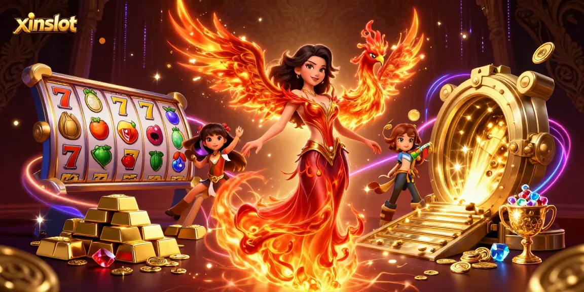 Experience thrilling wins at xinslot with vibrant slot reels, gold bars, and dynamic gaming elements.