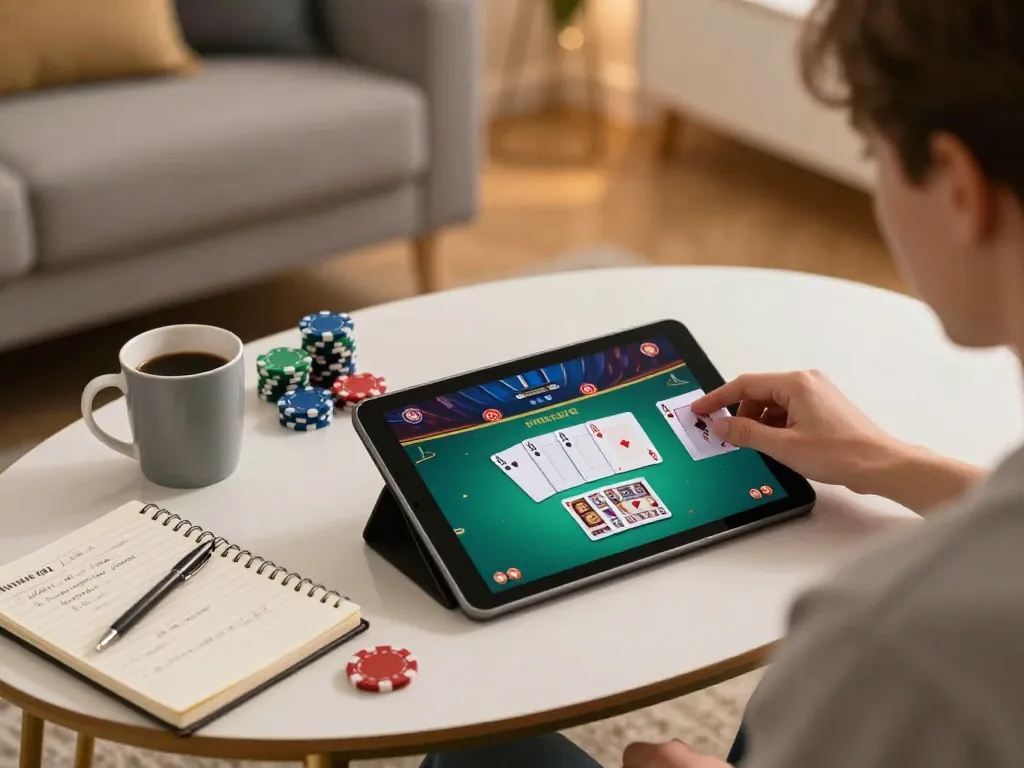 Engaging gameplay at home with ทางเข้า m108 visible on poker tablet screen in cozy setting.