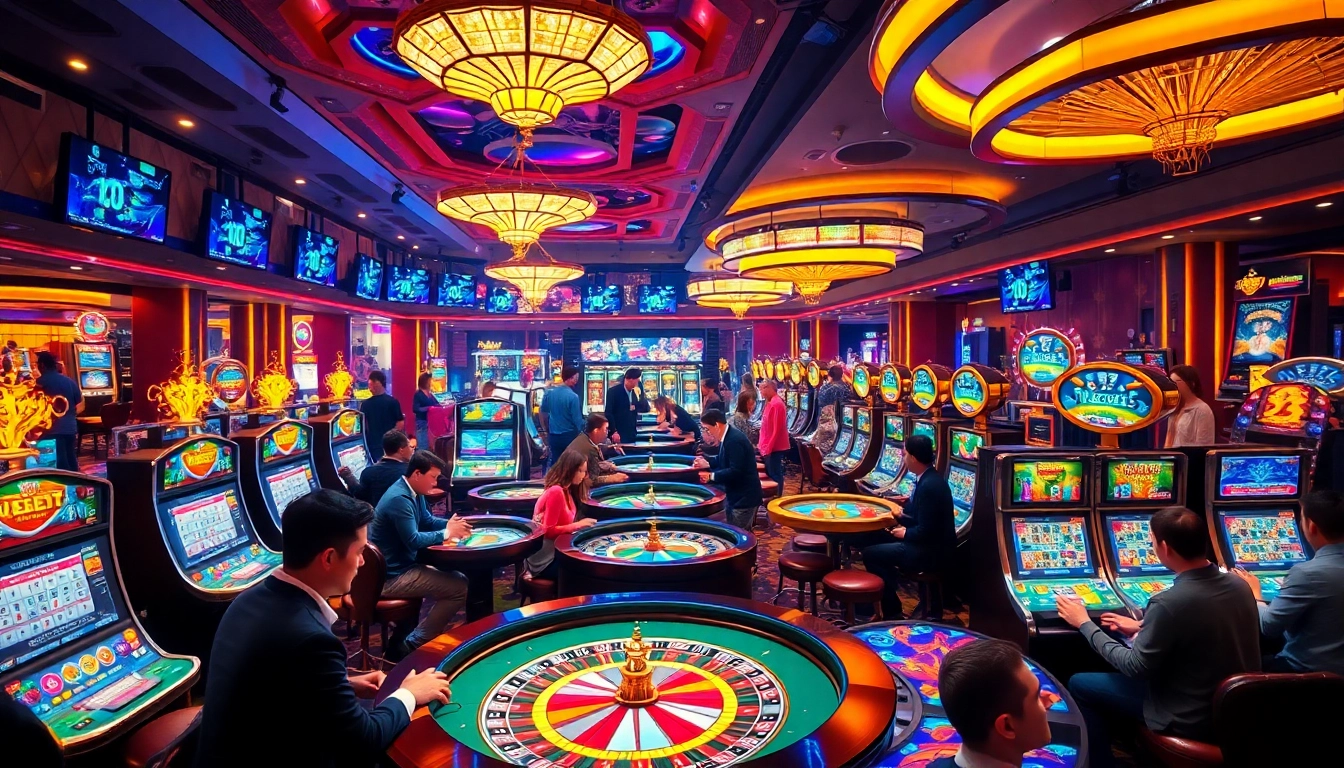 F8BET casino players enjoying an exciting gaming experience with roulette and slot machines.