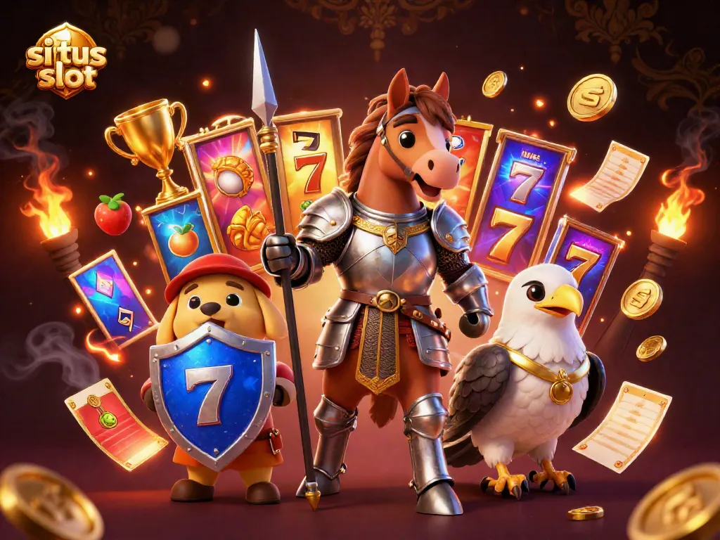 Permainan situs slot dengan karakter kesatria medieval, anak squire, dan elang, permainan seru dan menguntungkan.