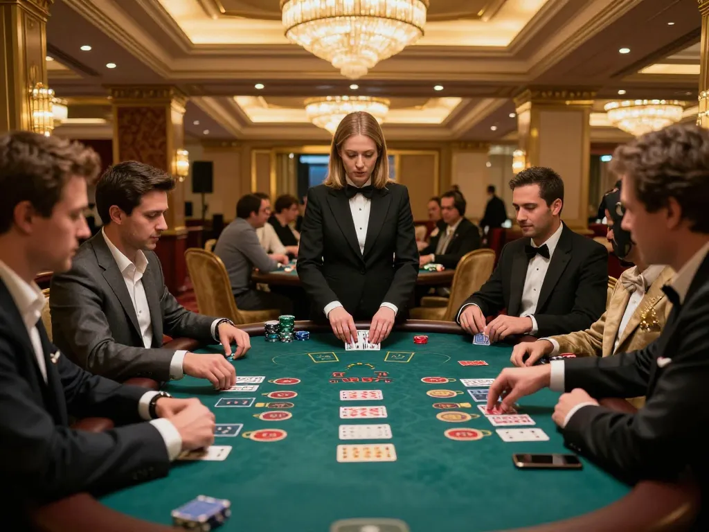 Players strategizing their bets at https://luckywin.solutions/ blackjack table in upscale casino setting