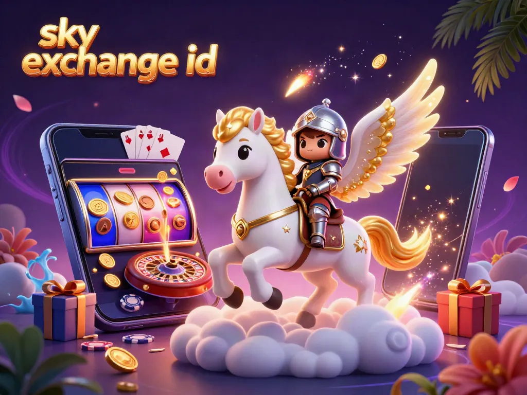 Sky Exchange ID illustration showing a celestial horse, knight, and mobile gaming elements in a dynamic casino scene.