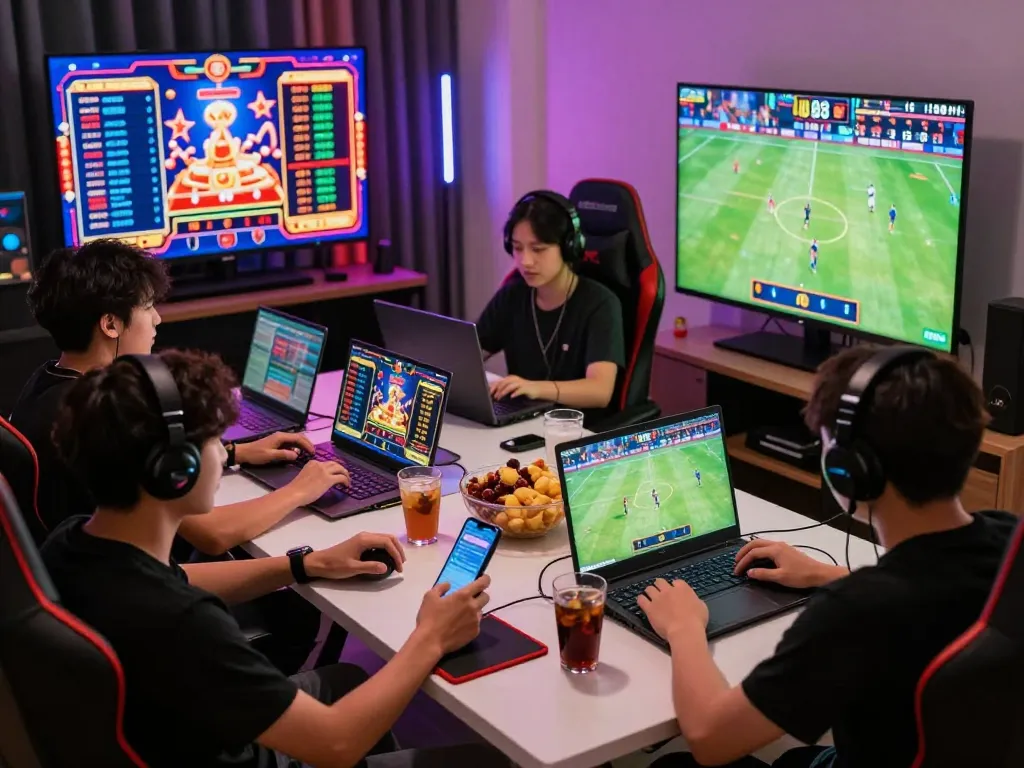 Friends enjoying an exciting online gaming session on UU88 COM with vibrant graphics and snacks.