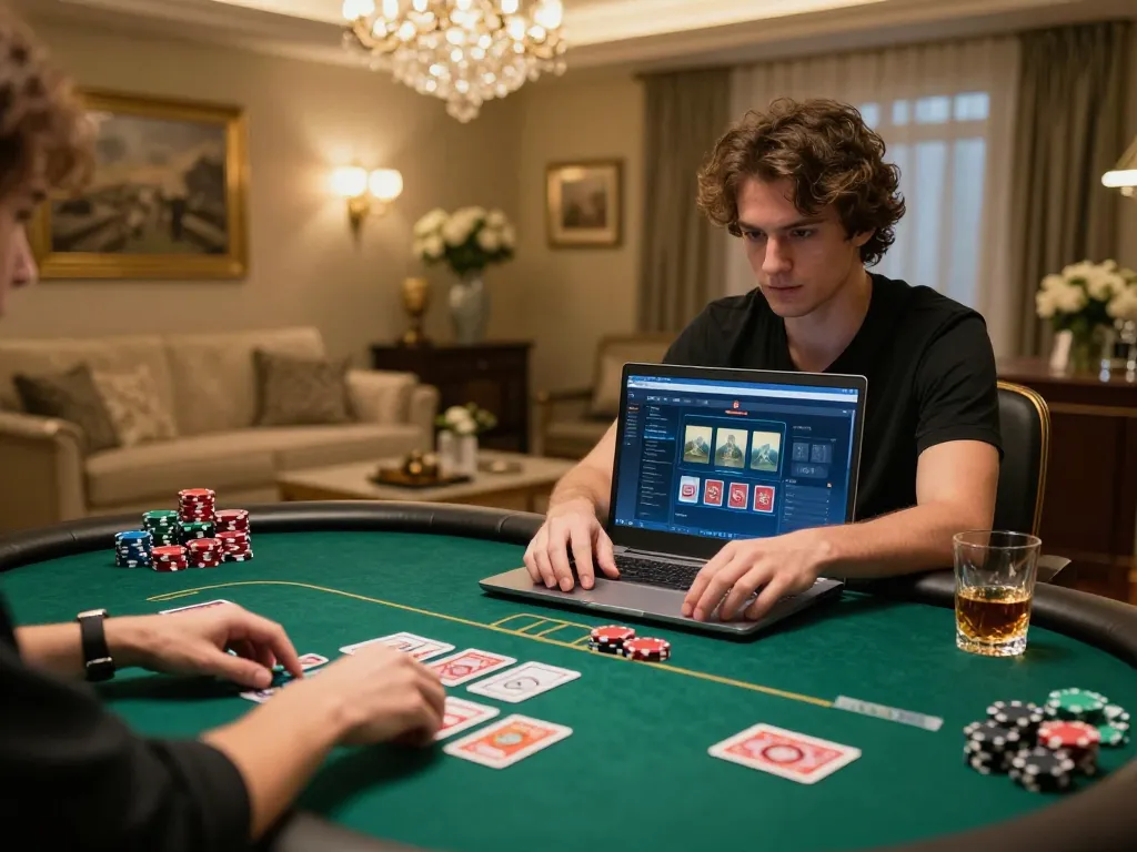 100vip player strategizing during an online poker game with focused expression and well-arranged chips.