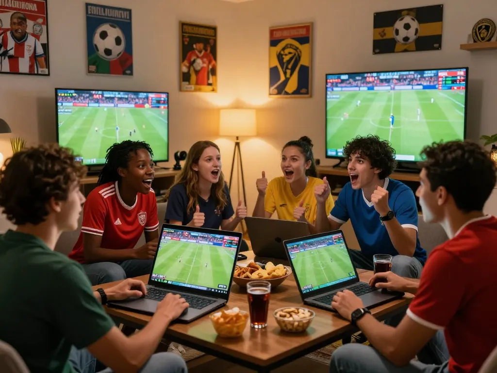 Fans enjoying a live match on LuongSon TV, surrounded by team memorabilia and snacks in a vibrant atmosphere.