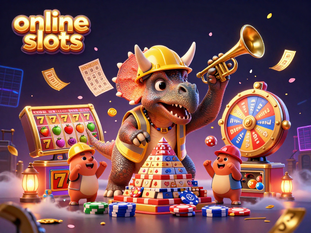 Engaging online slots scene showing a triceratops and friends celebrating wins with slot reels and vibrant gaming elements.
