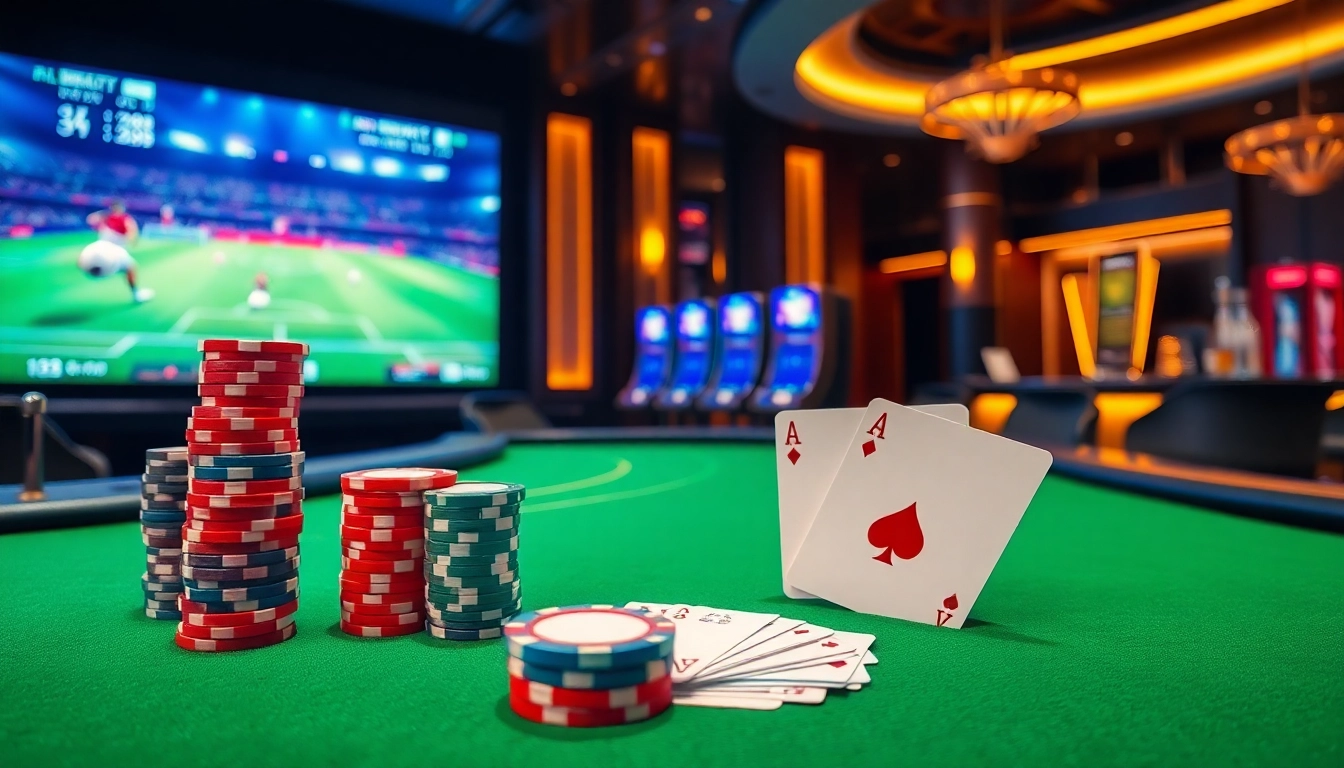 Exciting Judi Bola betting scene with poker chips and football match updates in a luxurious casino.