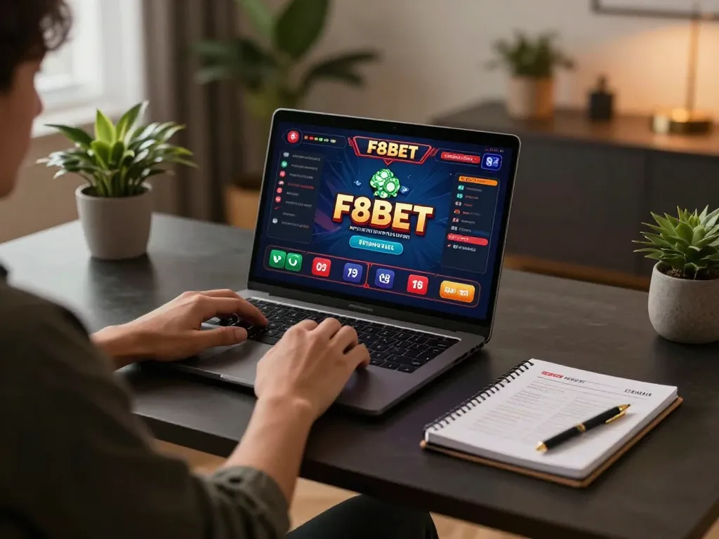 Engaging in F8BET online gaming with a sleek laptop and strategy notes at home
