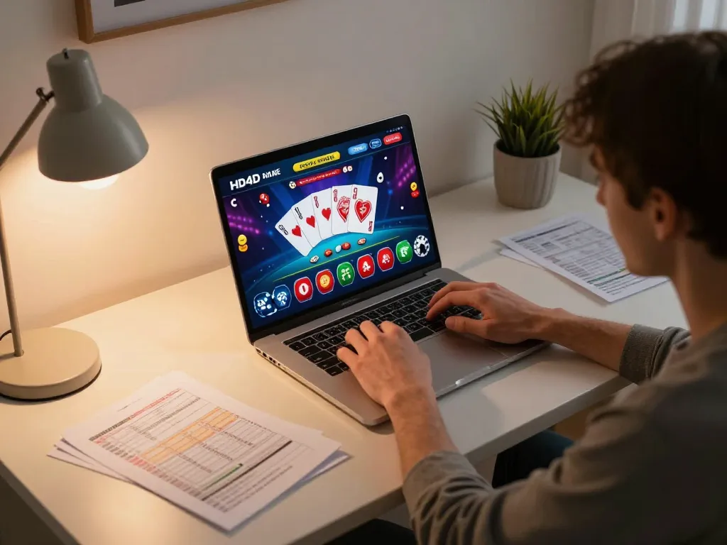 Pemain berinteraksi dengan antarmuka kasino online HD4D, lengkap dengan grafik poker dan suasana permainan yang penuh warna