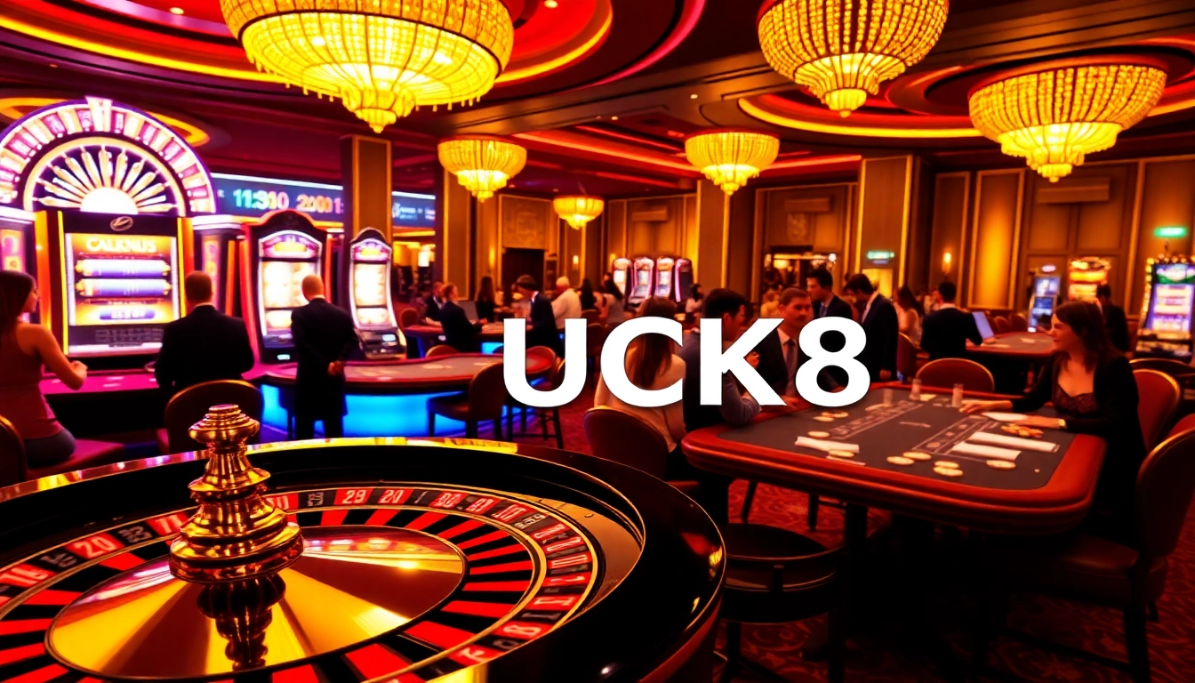 LUCK8 players engaging at a vibrant casino with roulette and high-stakes action.