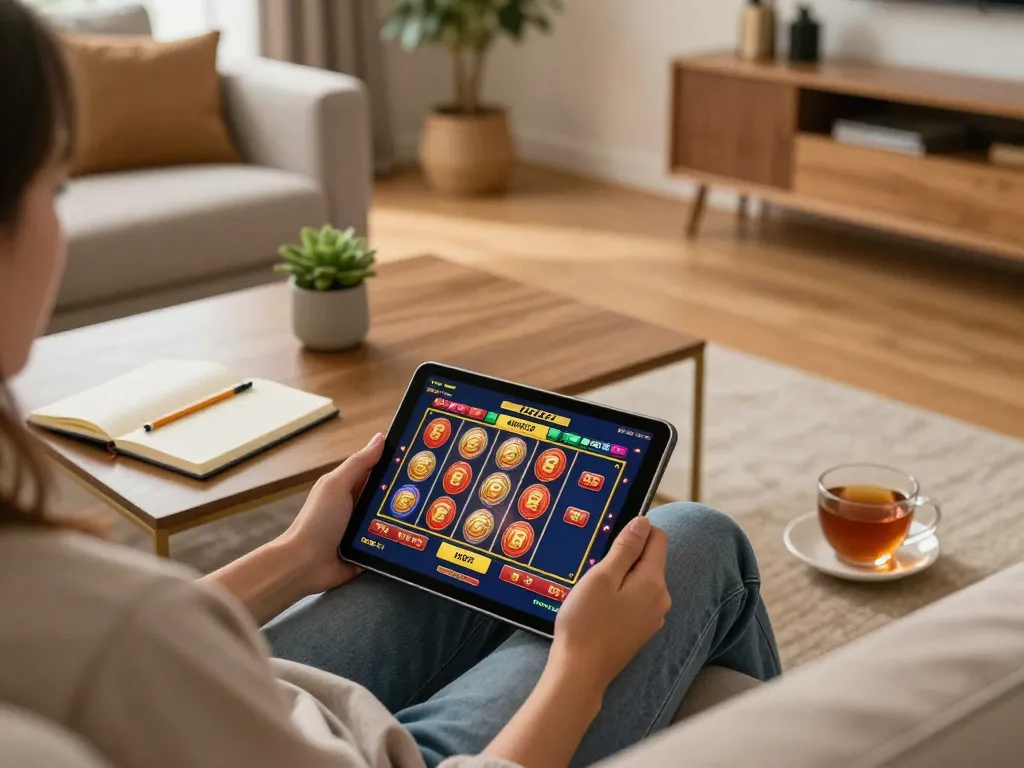 Jeetbuzz user engaging with vibrant slot game on a tablet in a cozy home setting.