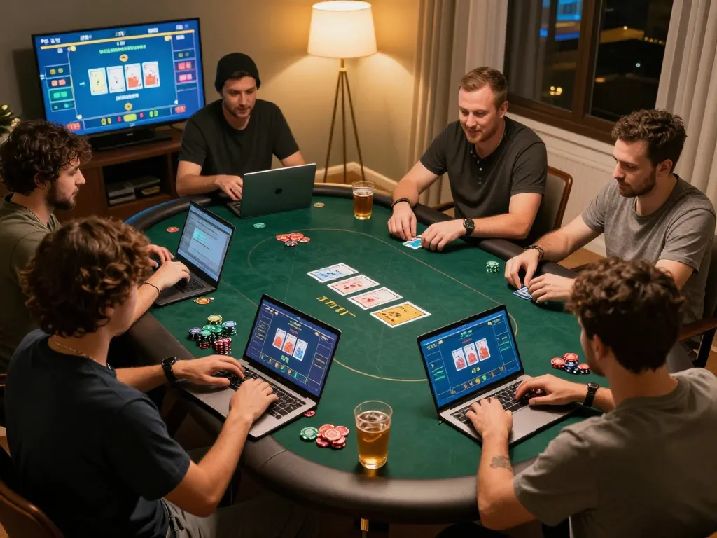 Players enjoy an engaging Go 88 poker game from home, showcasing excitement and strategy.