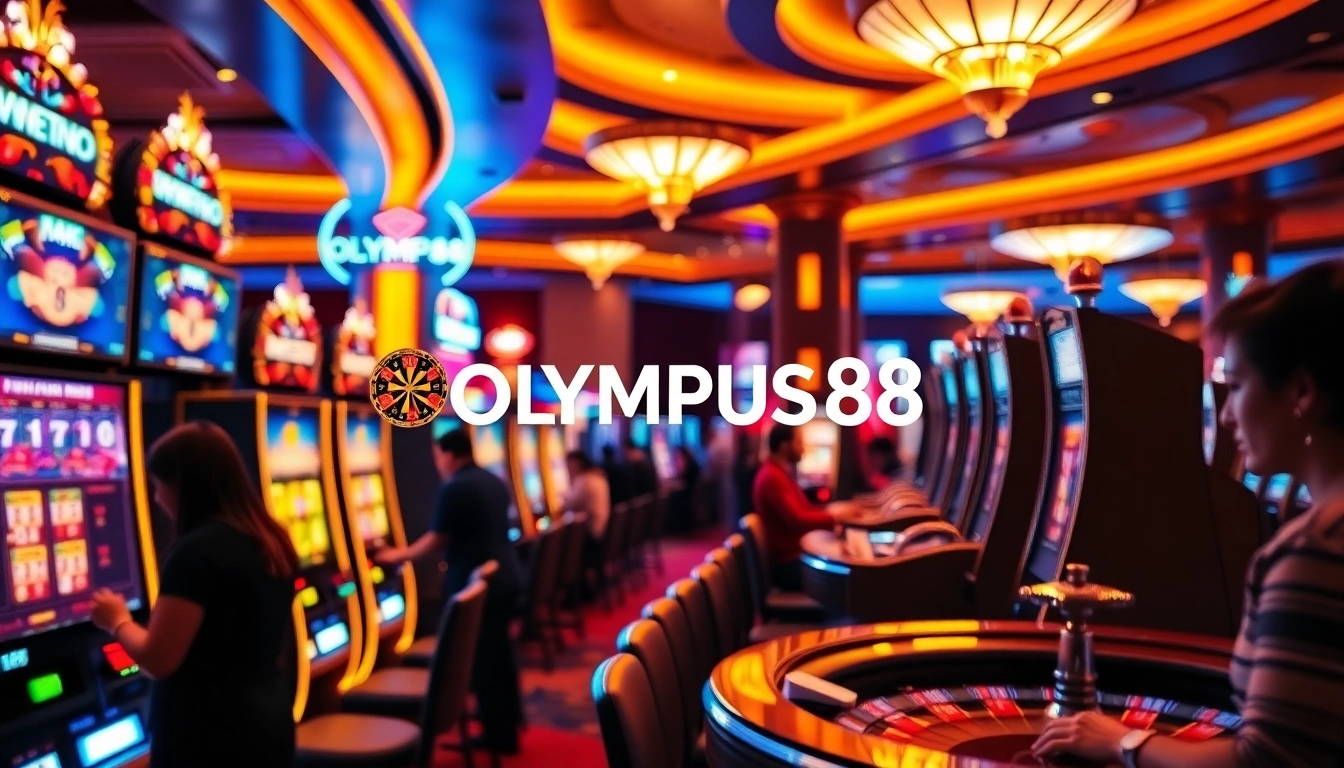 Exciting scene at OLYMPUS88 casino showcasing vibrant slot machines and engaged players.