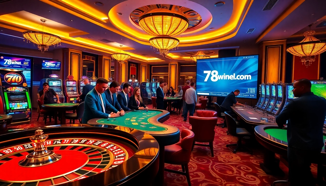 An exciting view of a bustling casino with players at tables and slot machines, showcasing 78winel.com for the ultimate gambling experience.