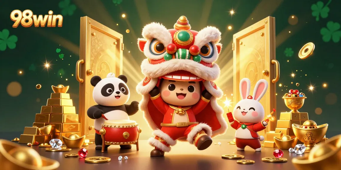 Embrace the excitement at 98win with vibrant characters celebrating winning moments in a festive casino setting.