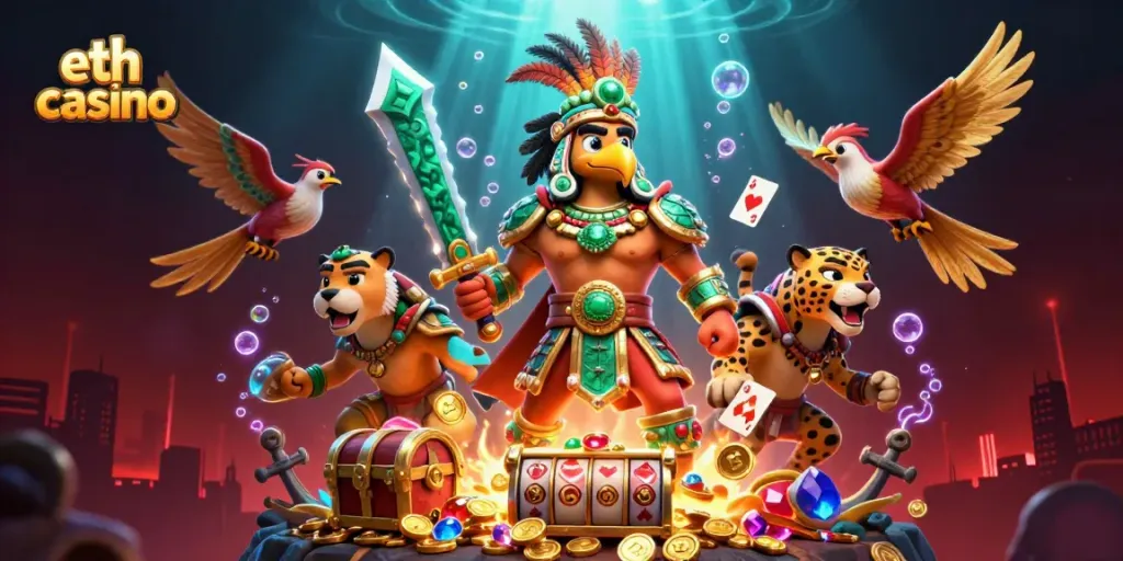 Experience the thrill of eth casino with vibrant Aztec warriors and exploding treasure in a rich gaming scene.