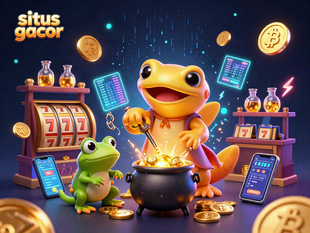 Experience the magic of situs slot gacor with a vibrant 3D illustration showcasing an alchemist and gold coins.