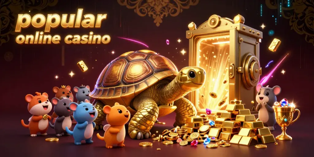 Engaging scene at a popular online casino with animated characters enjoying vibrant games and glittering treasures.