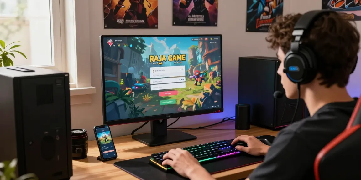 Raja Game login interface with a focused player entering credentials in a dynamic online gaming setup.