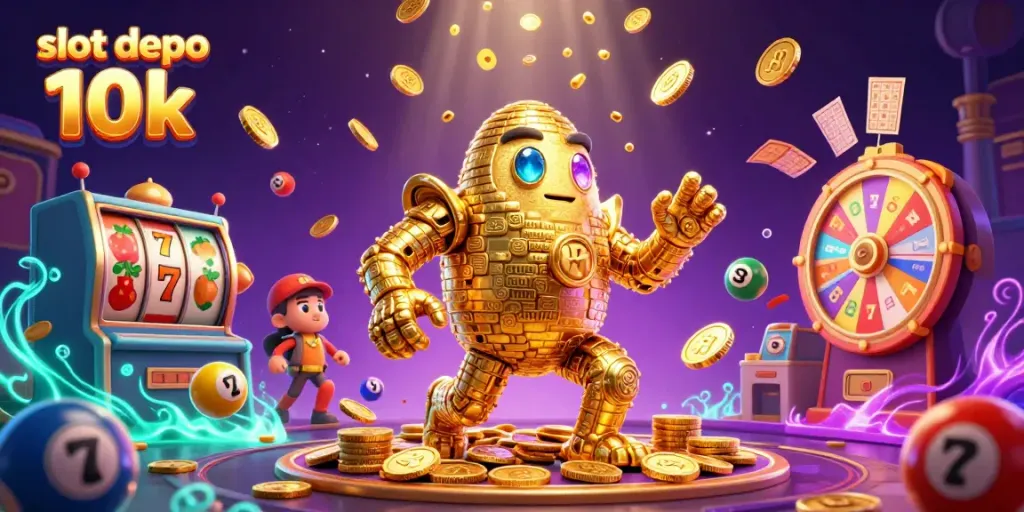 Raih kemenangan hebat di slot depo 10k dengan simbol mesin slot dan banyak koin emas melimpah.