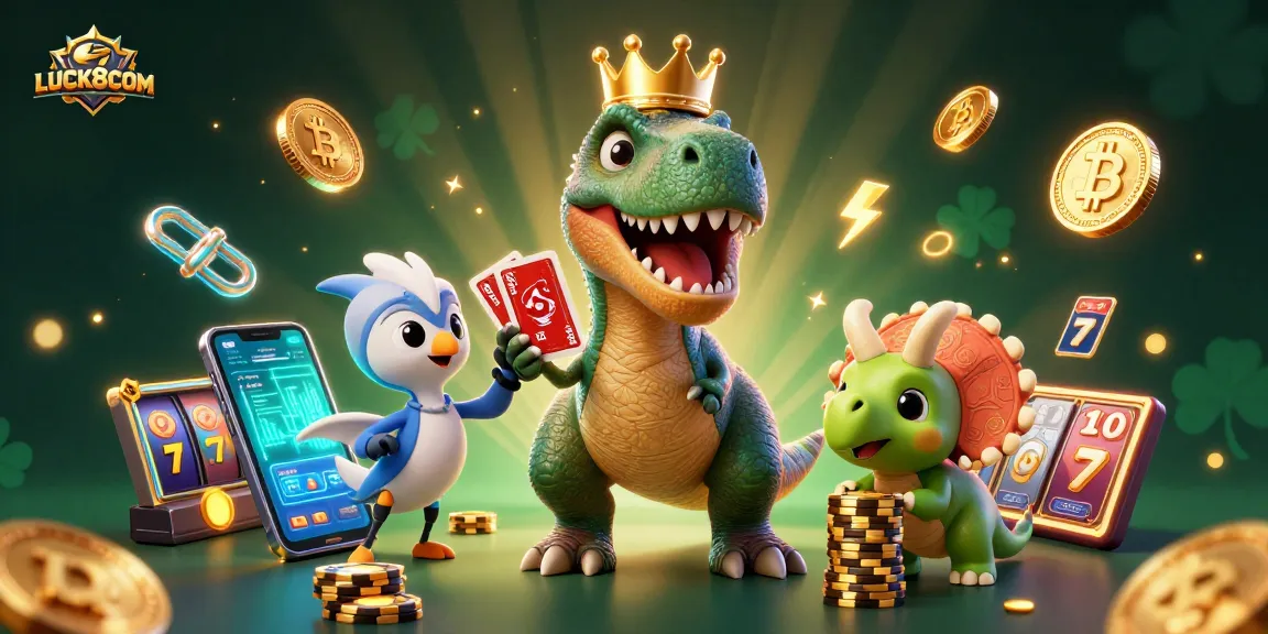 Engage with LUCK8COM and discover vibrant casino scenes featuring a friendly T-Rex, colorful chips, and glowing coins.