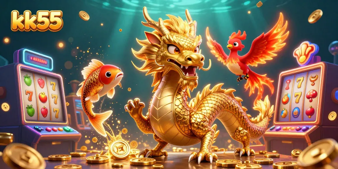 Spin the reels in a vibrant kk55 casino scene featuring a golden dragon, red phoenix, and koi fish.