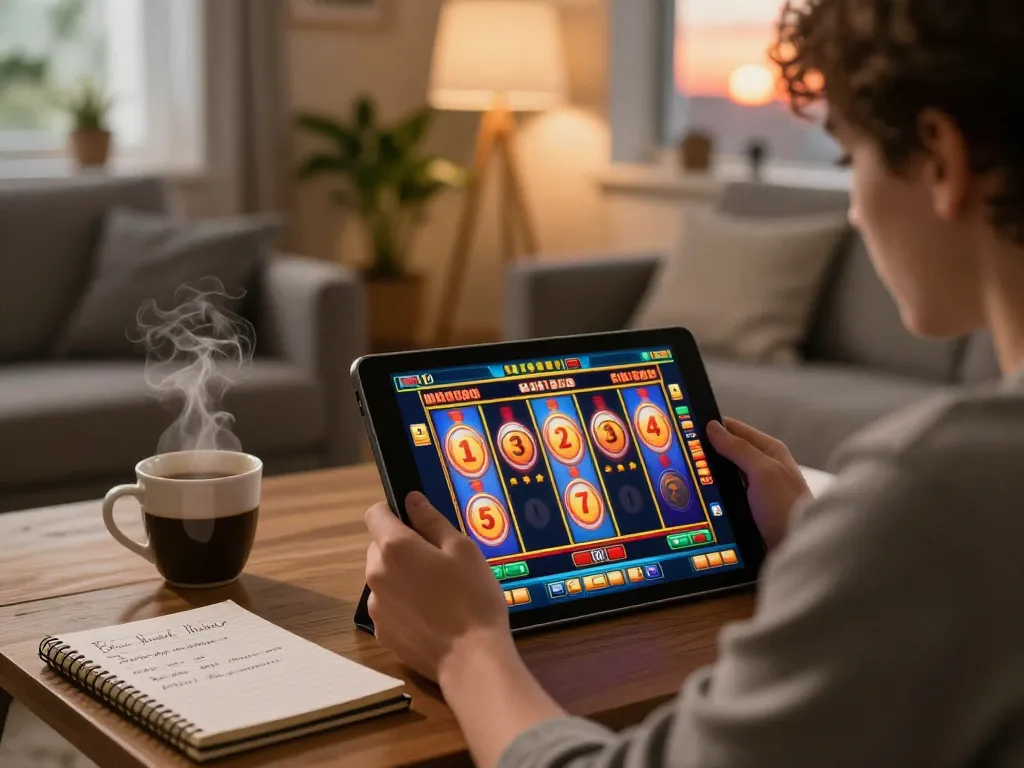 Engaged player enjoying slot depo 5k game on tablet in cozy living room with notes on bankroll management.