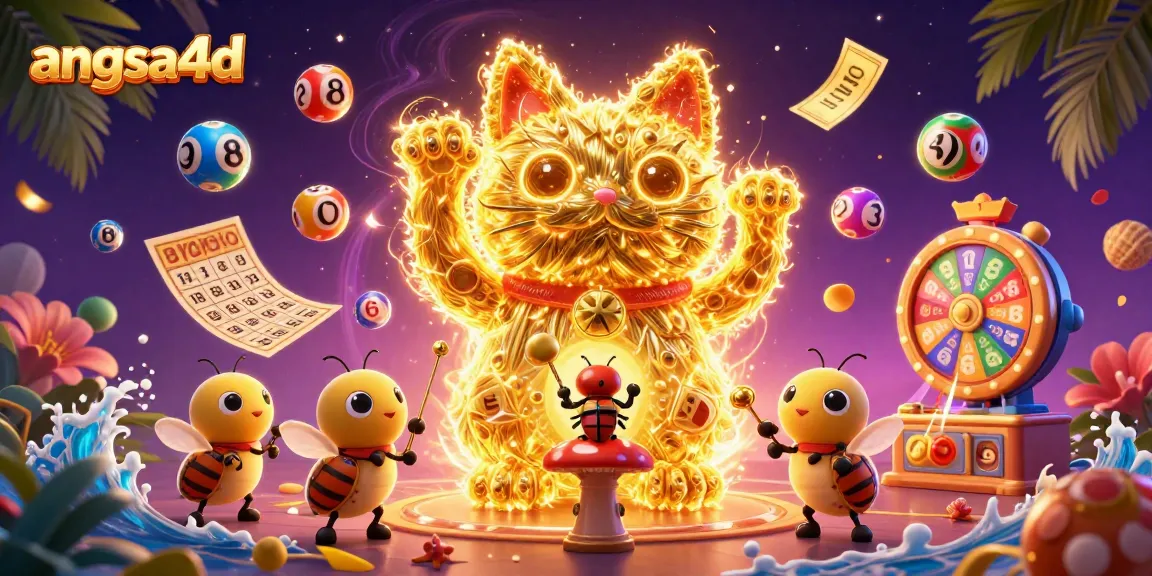 Engage with angsa4d's vibrant lucky cat theme amidst colorful lottery elements and casino symbols.