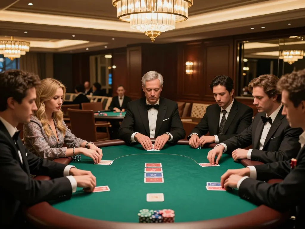 MAY88 players strategizing during an exciting poker game in a luxurious casino.