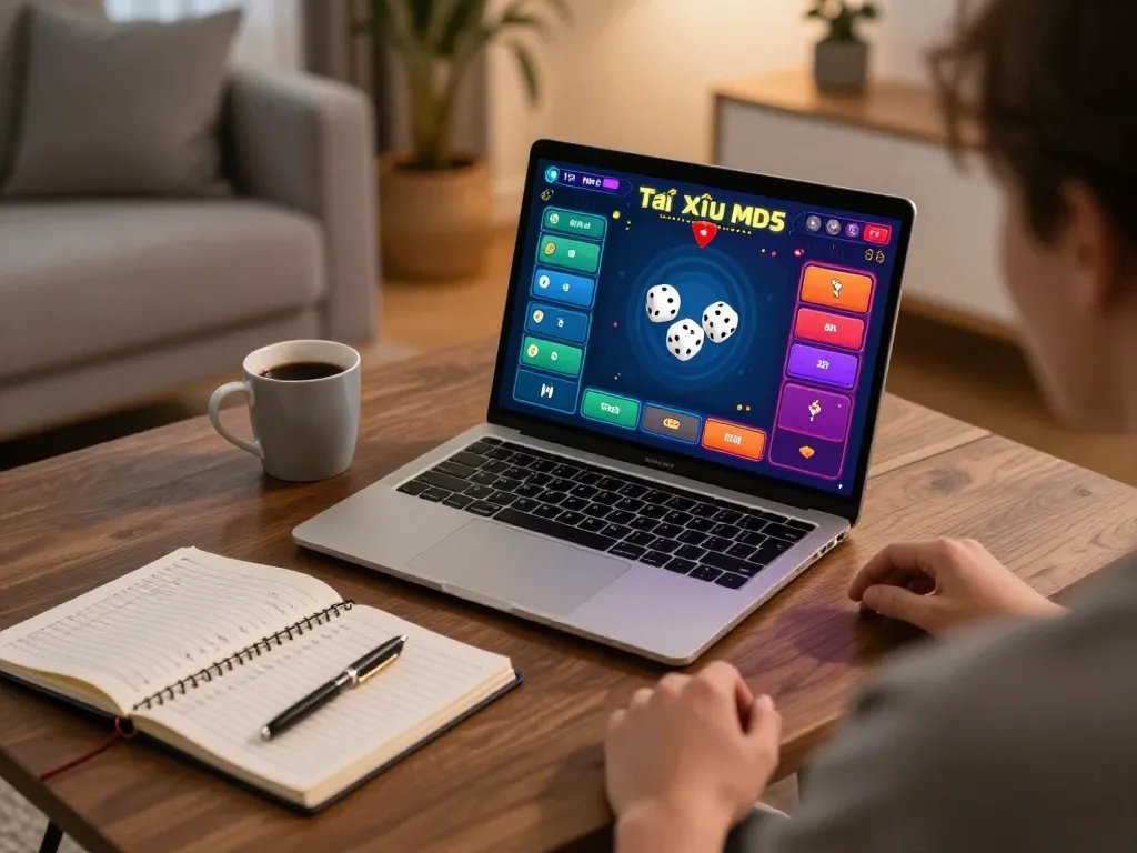 Player enjoying Tài Xỉu MD5 online, showcasing strategy notes and a cozy gaming setup.
