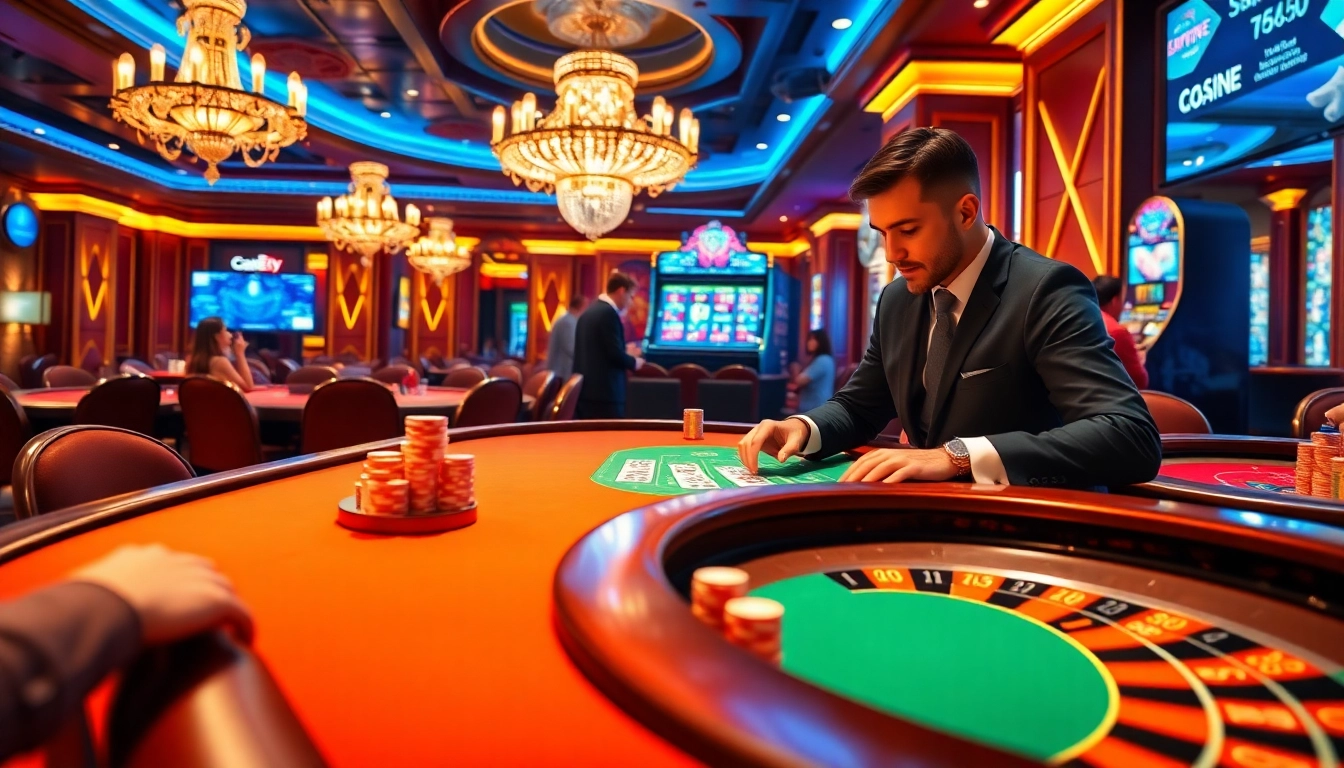 S8 casino scene with lively gaming tables, luxurious decor, and professional dealers showcasing excitement.