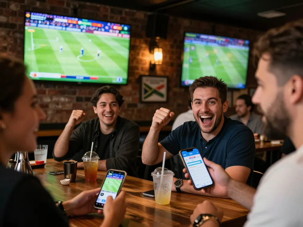 Sports betting South Africa scene showing a bettor using a mobile app in a lively sports bar environment