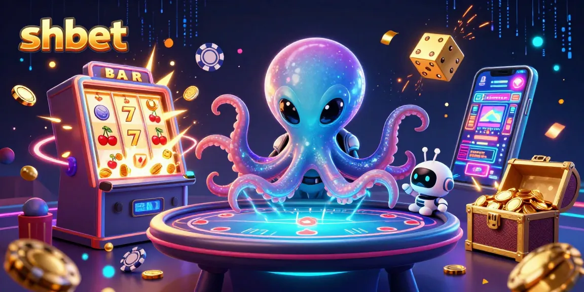Experience thrilling gaming at SHBET with an alien octopus mastering poker in a cosmic casino.