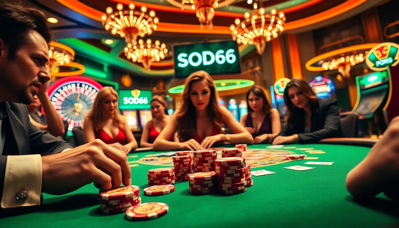 Engage with thrilling gameplay at SODO66's poker table, featuring vibrant chips and elegant cards in an exciting casino atmosphere.
