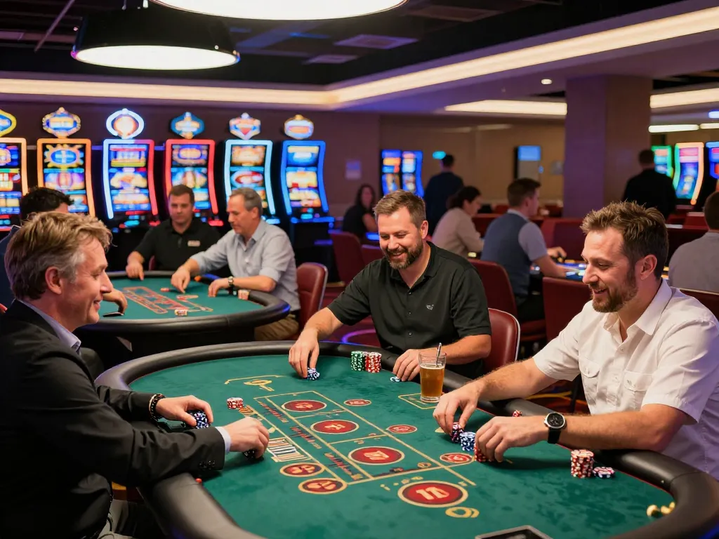 Casino scene featuring players at Nhà Cái 32win gaming tables, showcasing vibrant atmosphere and excitement.