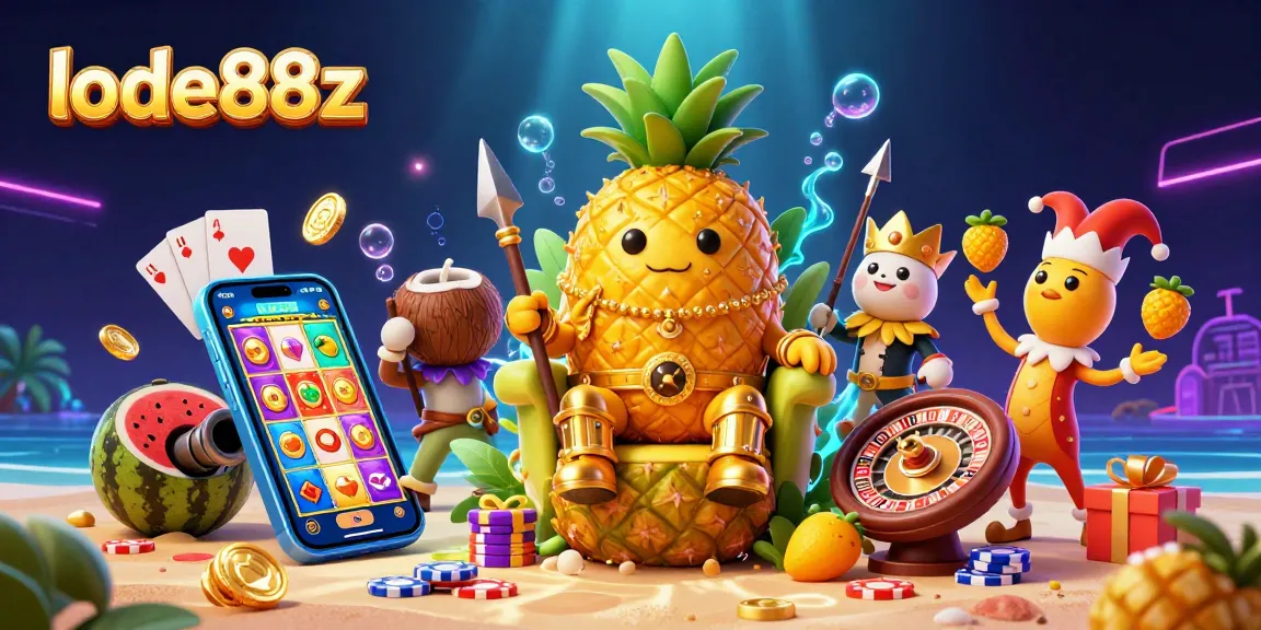Engage with the vibrant lode88z casino scene featuring a pineapple king and tropical elements in 3D.