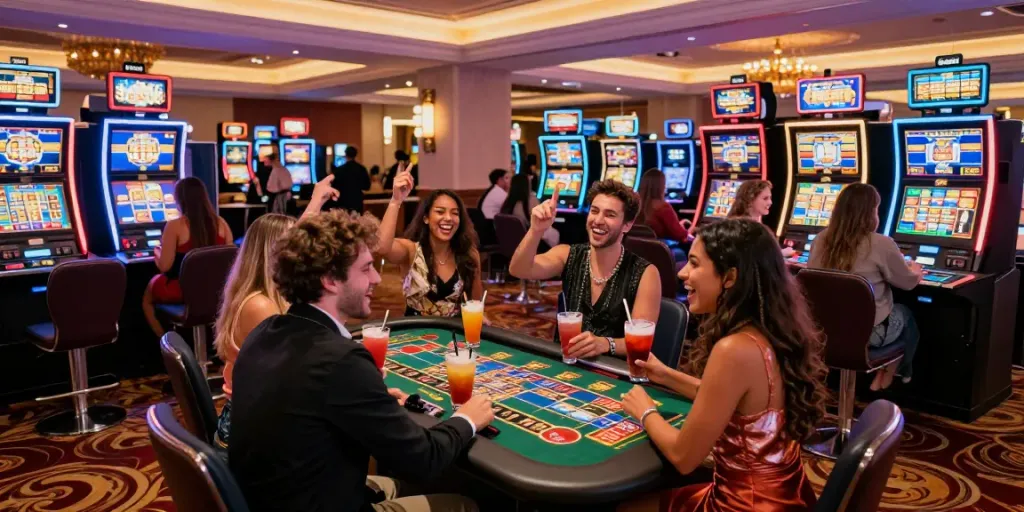 A vibrant casino scene with friends enjoying gaming tables highlighting akunjp excitement and nightlife.