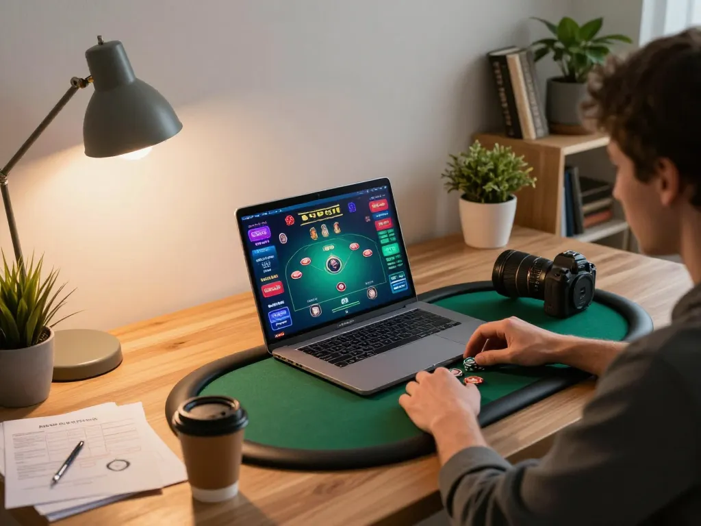 Player strategizing their next move in an i9BET online poker game while enjoying a cozy home atmosphere