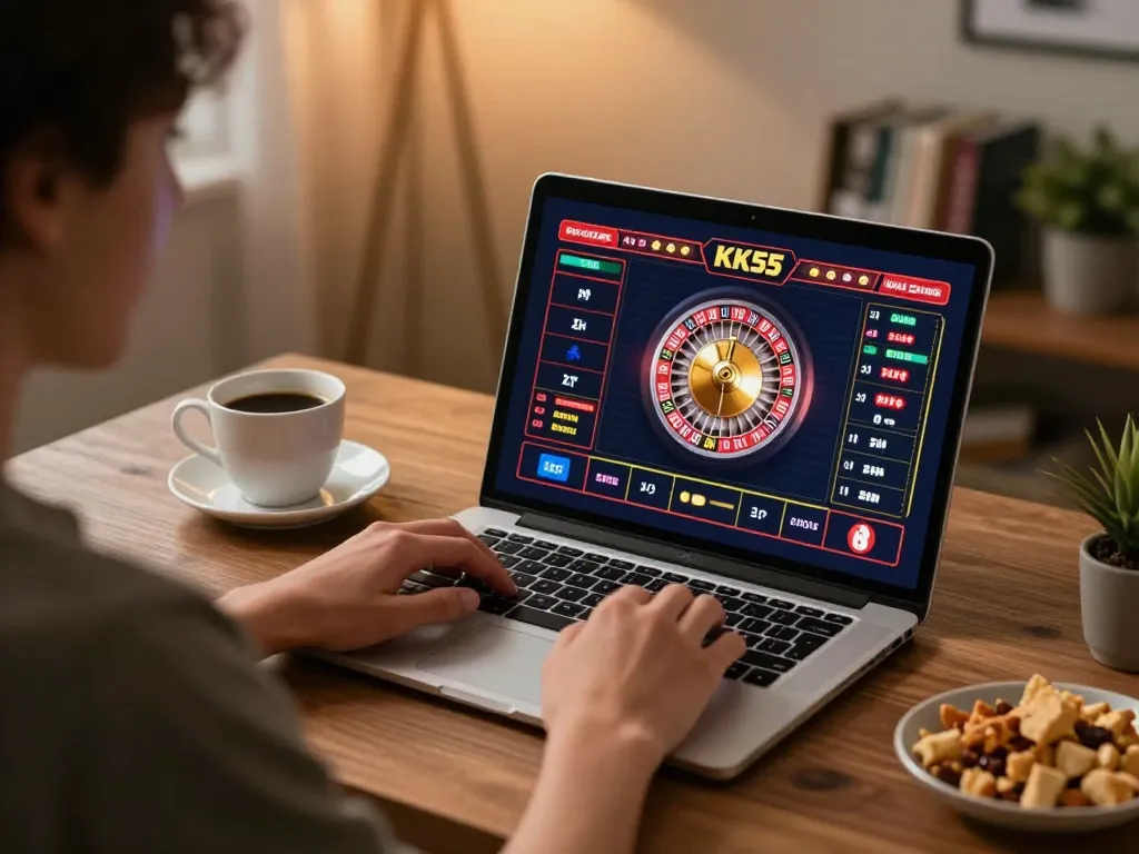 Player enjoying engaging KK55 gaming experience at home with roulette on laptop in cozy setting