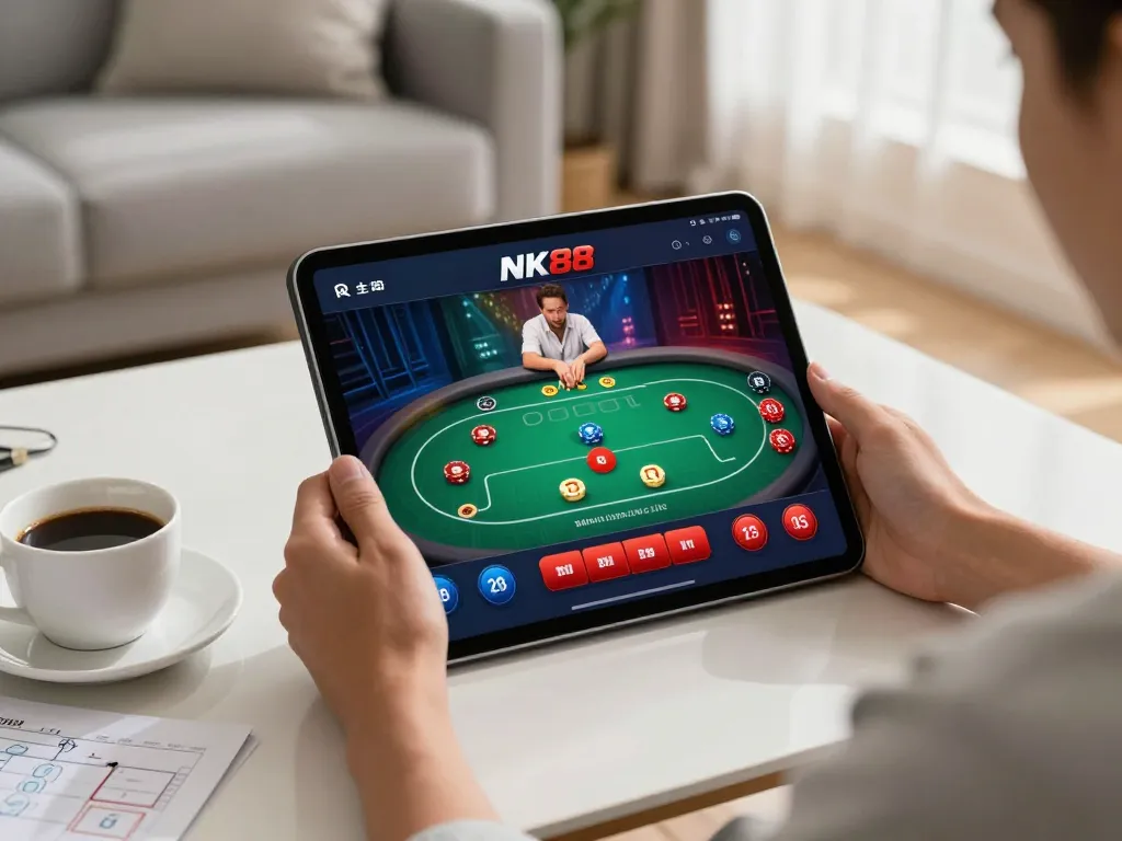 Engaging in NK88 trang chủ with tablet for online gaming, showcasing strategic gameplay and responsible gambling