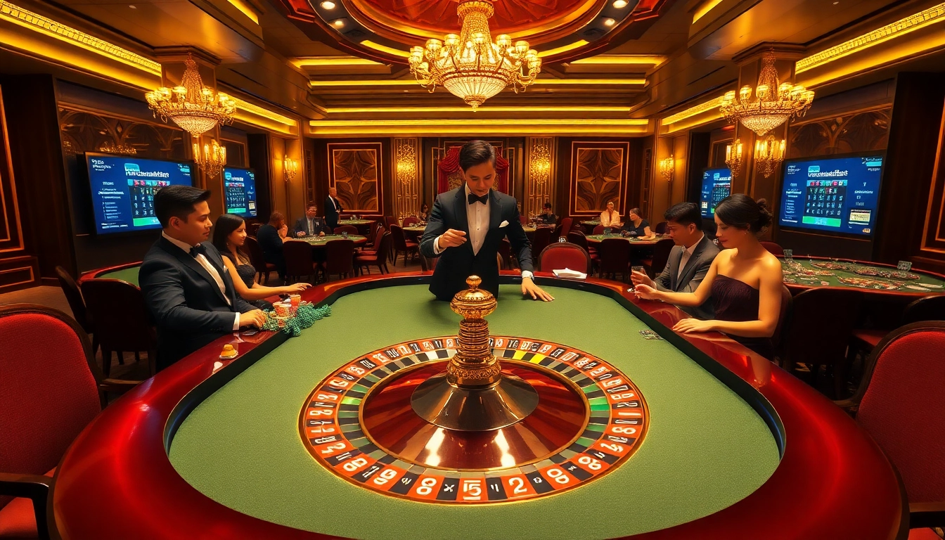Engaging casino scene with roulette table showcasing shbet có uy tín không? through lively betting action and luxury ambiance.