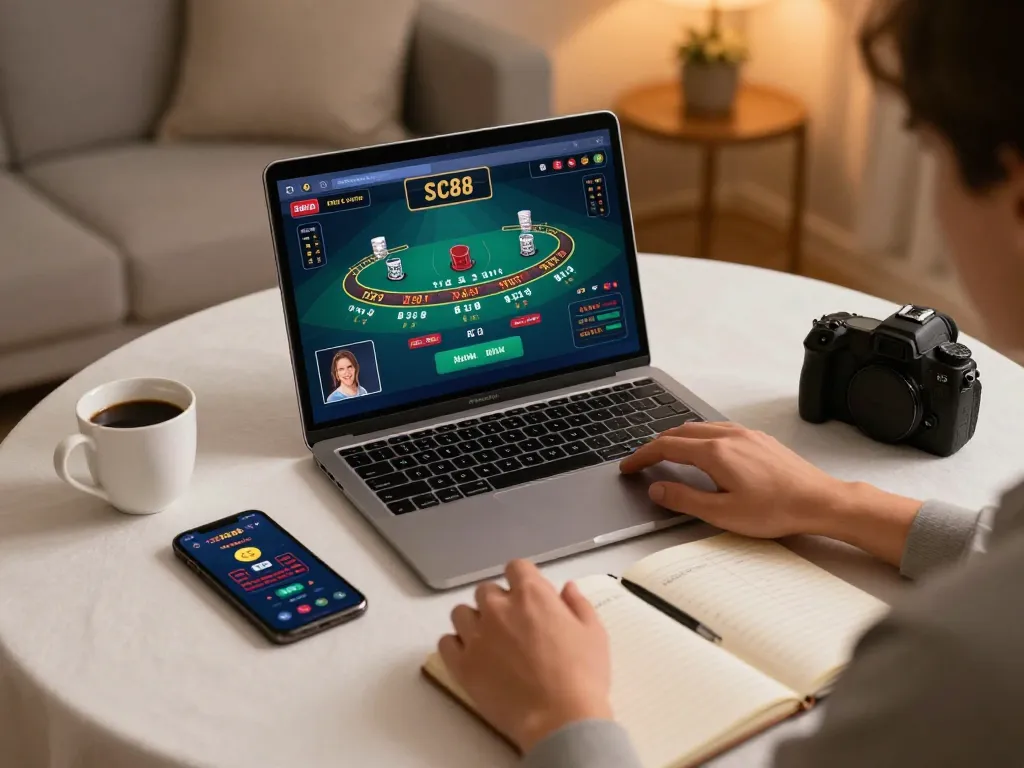 Player interacts with SC88 online blackjack game on a cozy, stylish home setup, showcasing exciting gameplay.