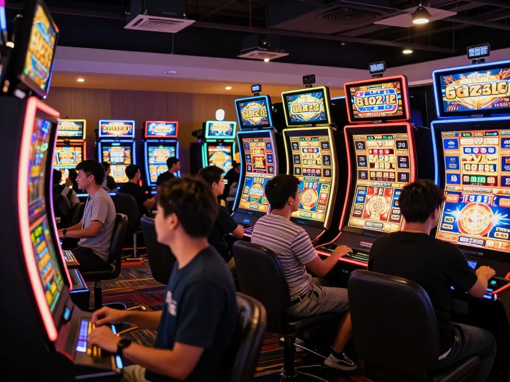Players celebrating wins at vibrant slot machines on goal123.ac casino floor.
