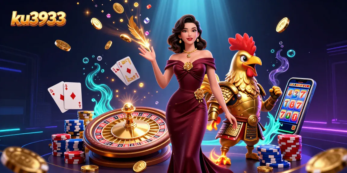 Spin the 3D roulette wheel with ku3933 while surrounded by vibrant casino elements and a glamorous scene.